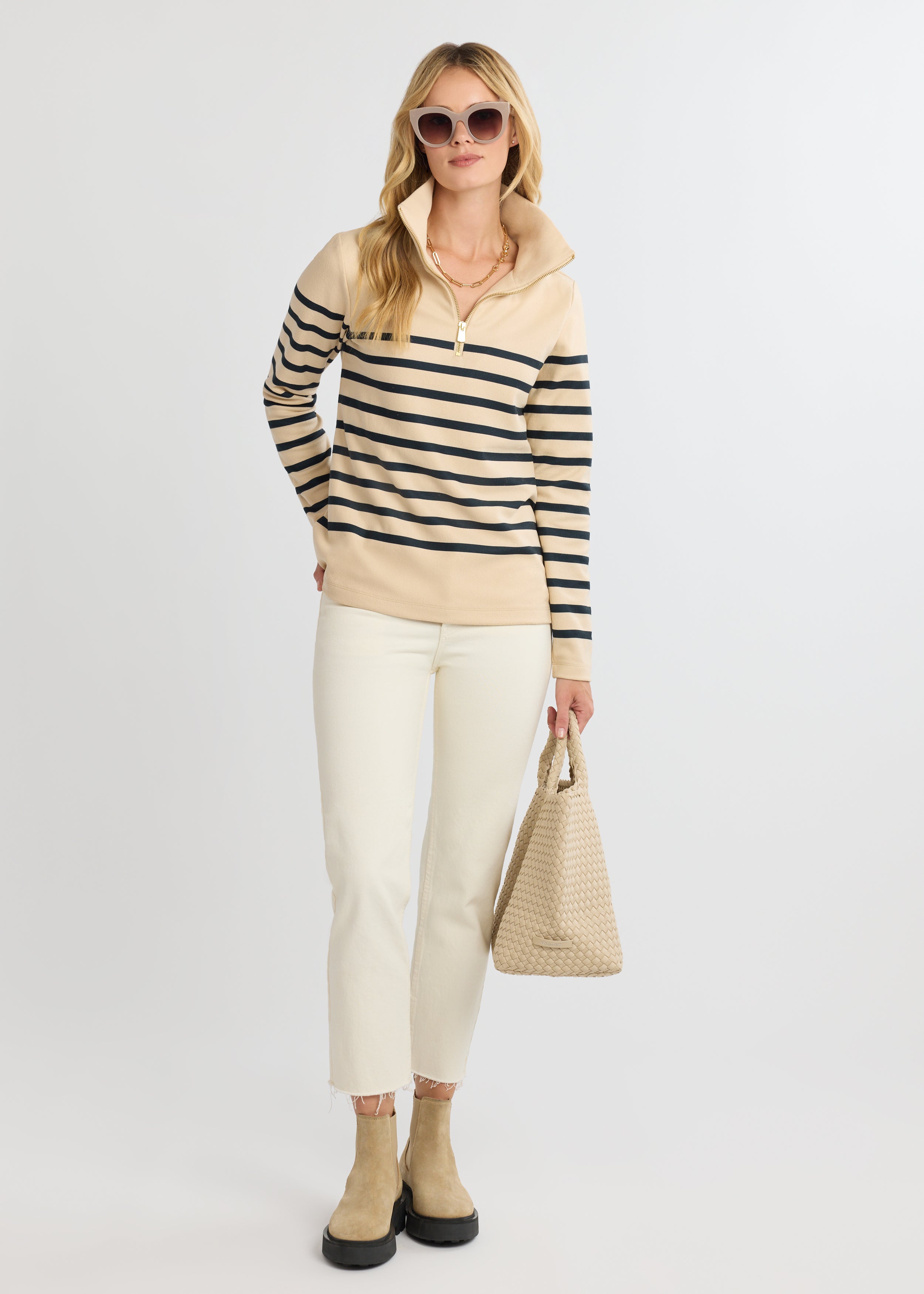 Manchester Pullover in Terry Fleece (Hazelnut/Navy Placed Stripe