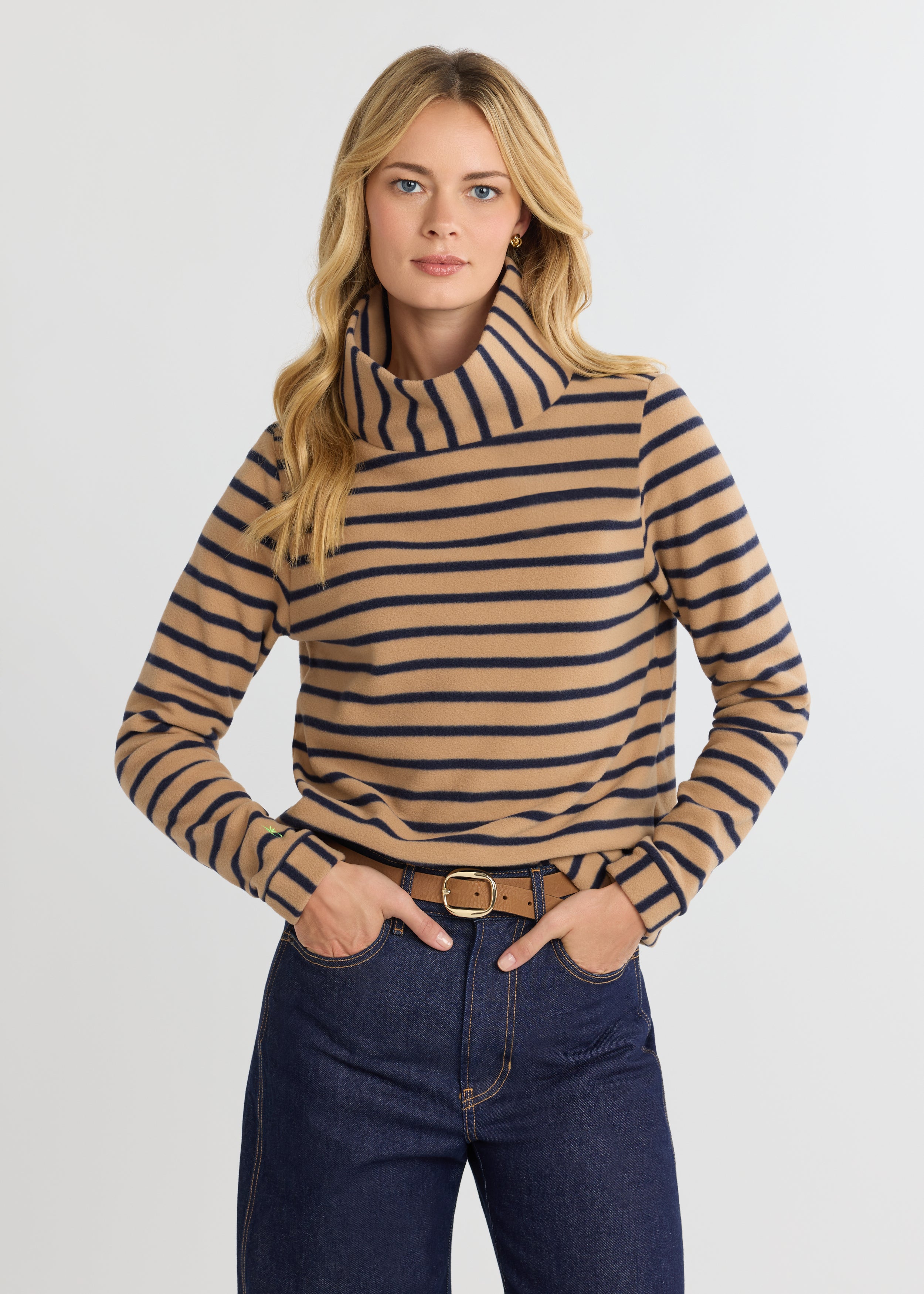 Park Slope Turtleneck in Vello Fleece (Camel/Navy Mariner Stripe