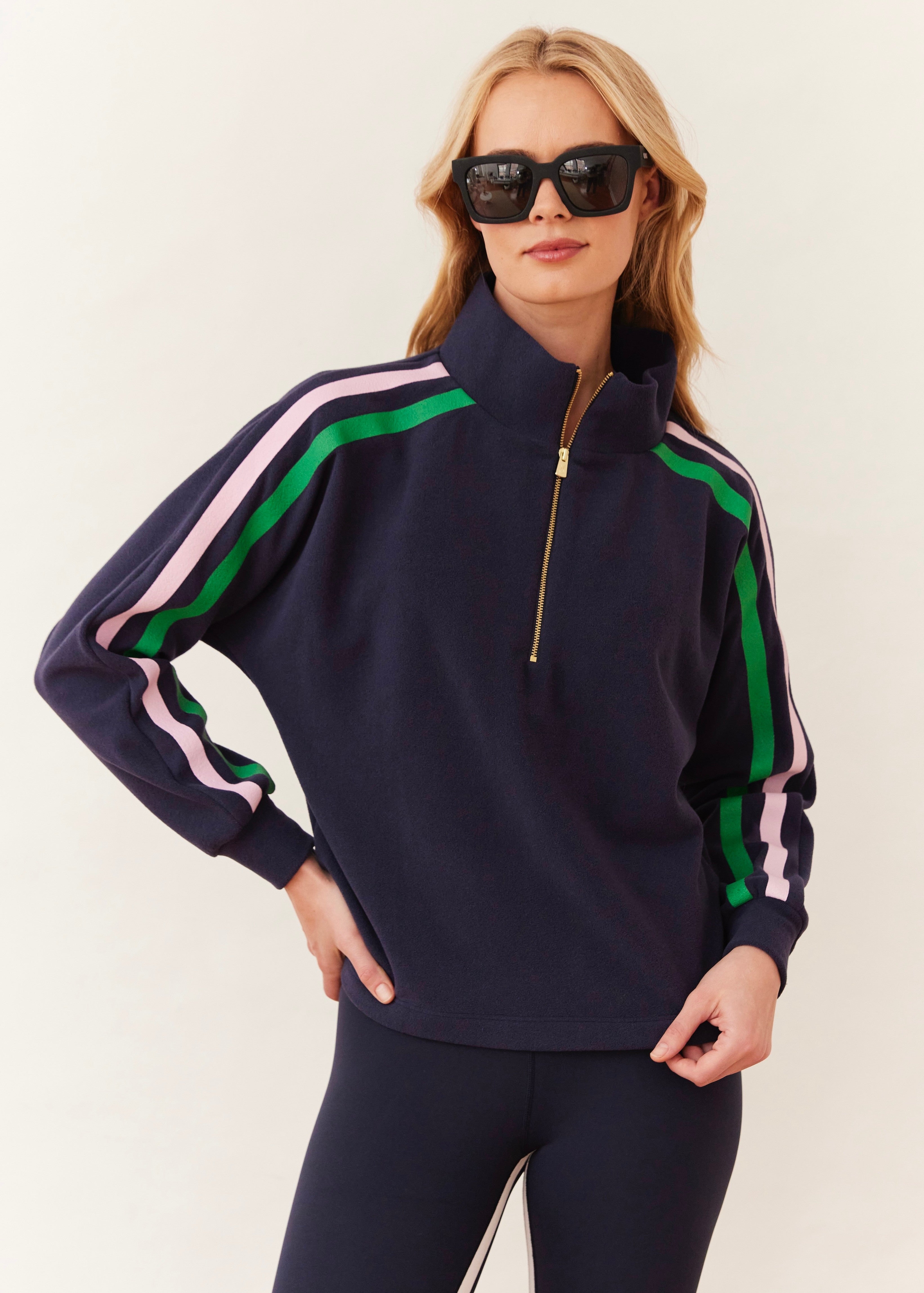 Marion Zip Pullover in Terry Fleece (Navy with Prism Pink and