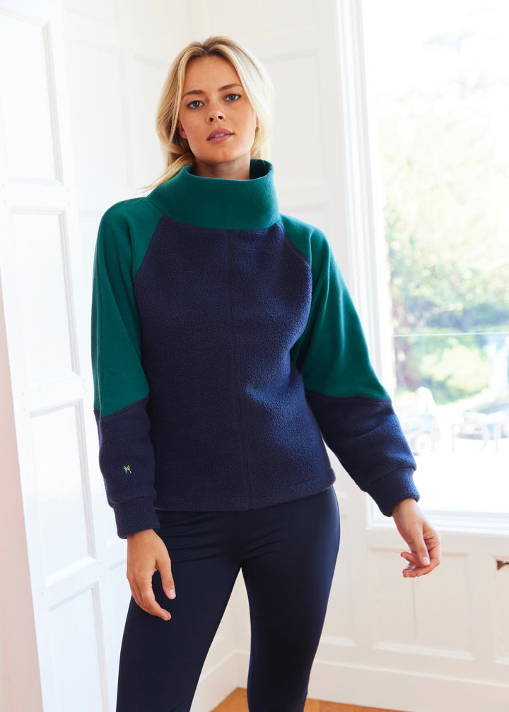 Heather Pullover in Sherpa/Vello Fleece (Navy/Woodland Green)