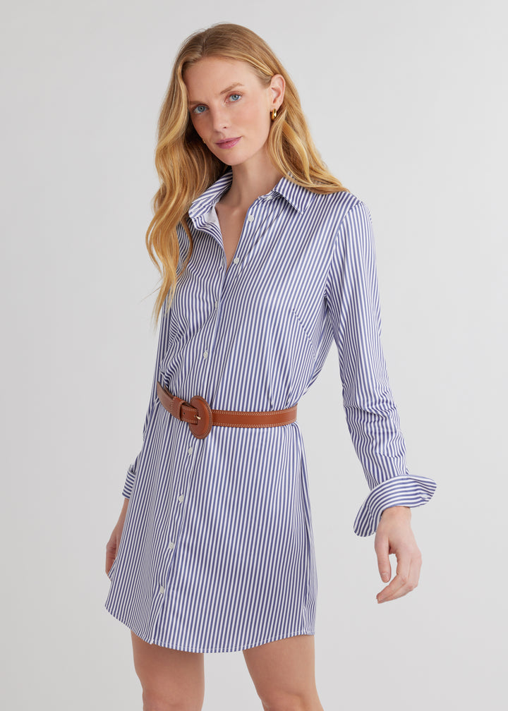 Beaufort Shirt Dress in Luxe Stretch (Blue Pinstripe)