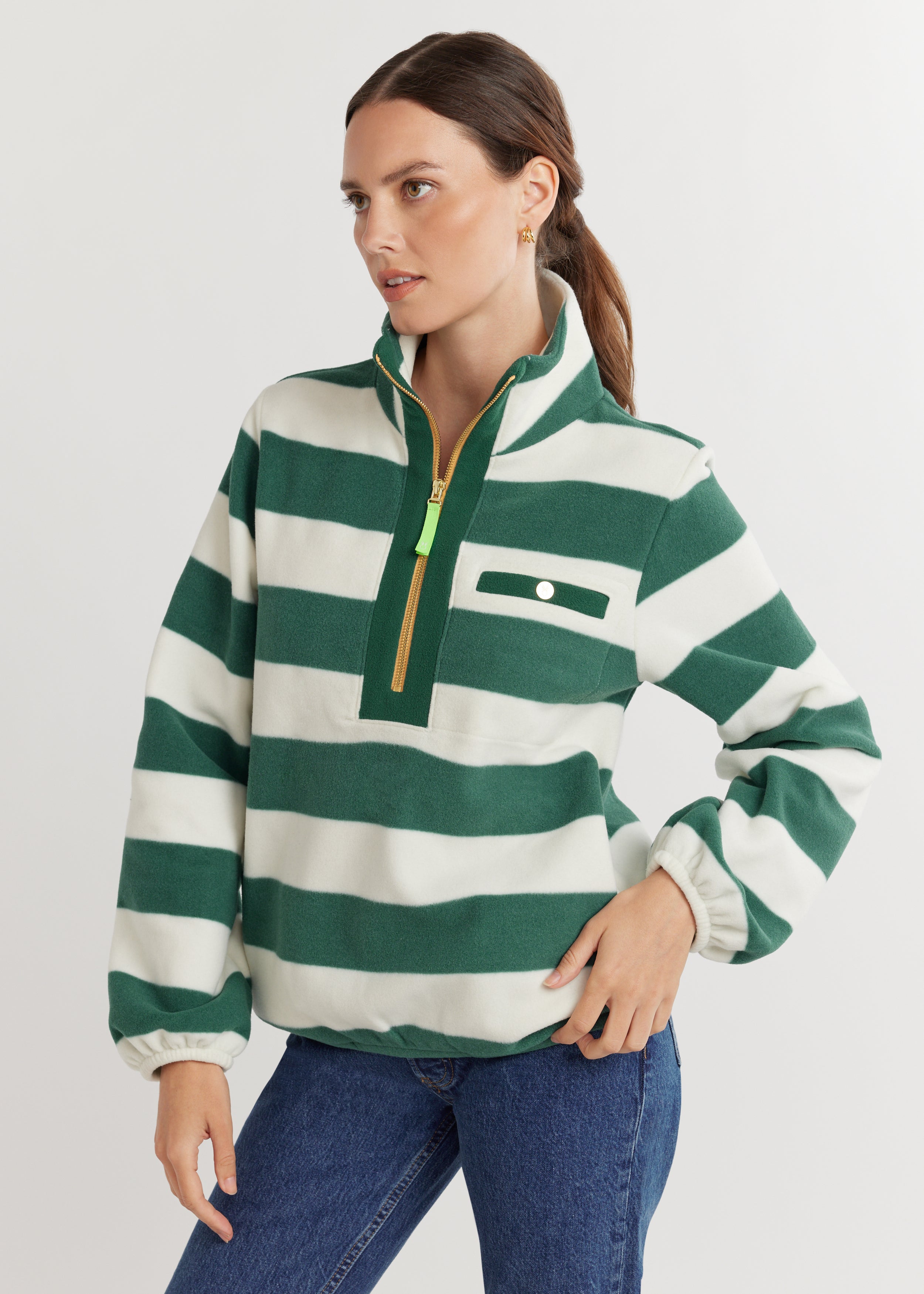Braeburn Pullover in Vello Fleece (Woodland Green/Cream Wide