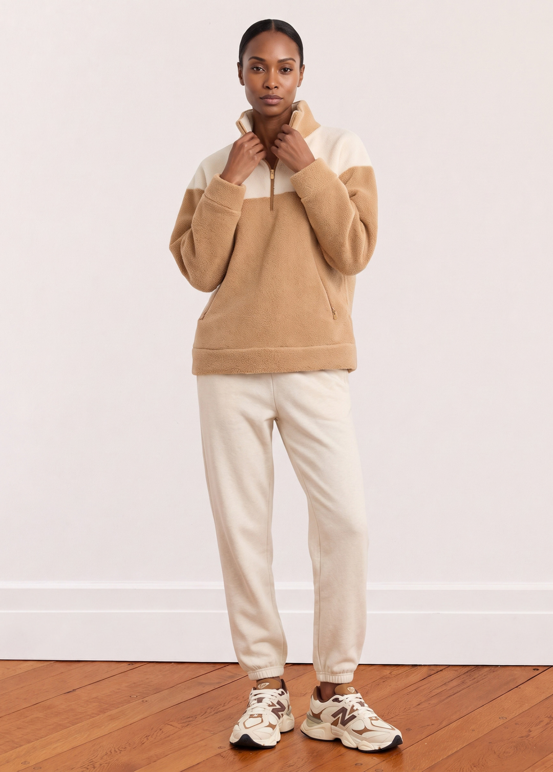 Bleecker Pullover in Sherpa Fleece (Camel/Cream)