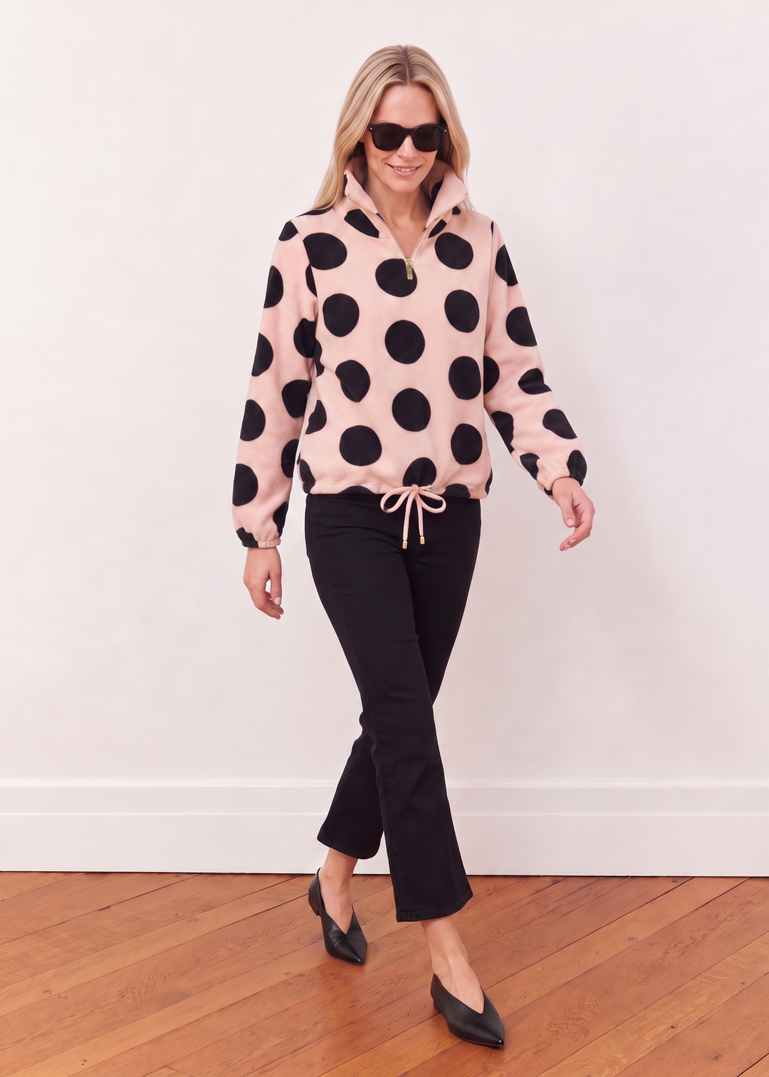 Boardwalk Pullover in Vello Fleece (Powder Blush/Black Dot Print)