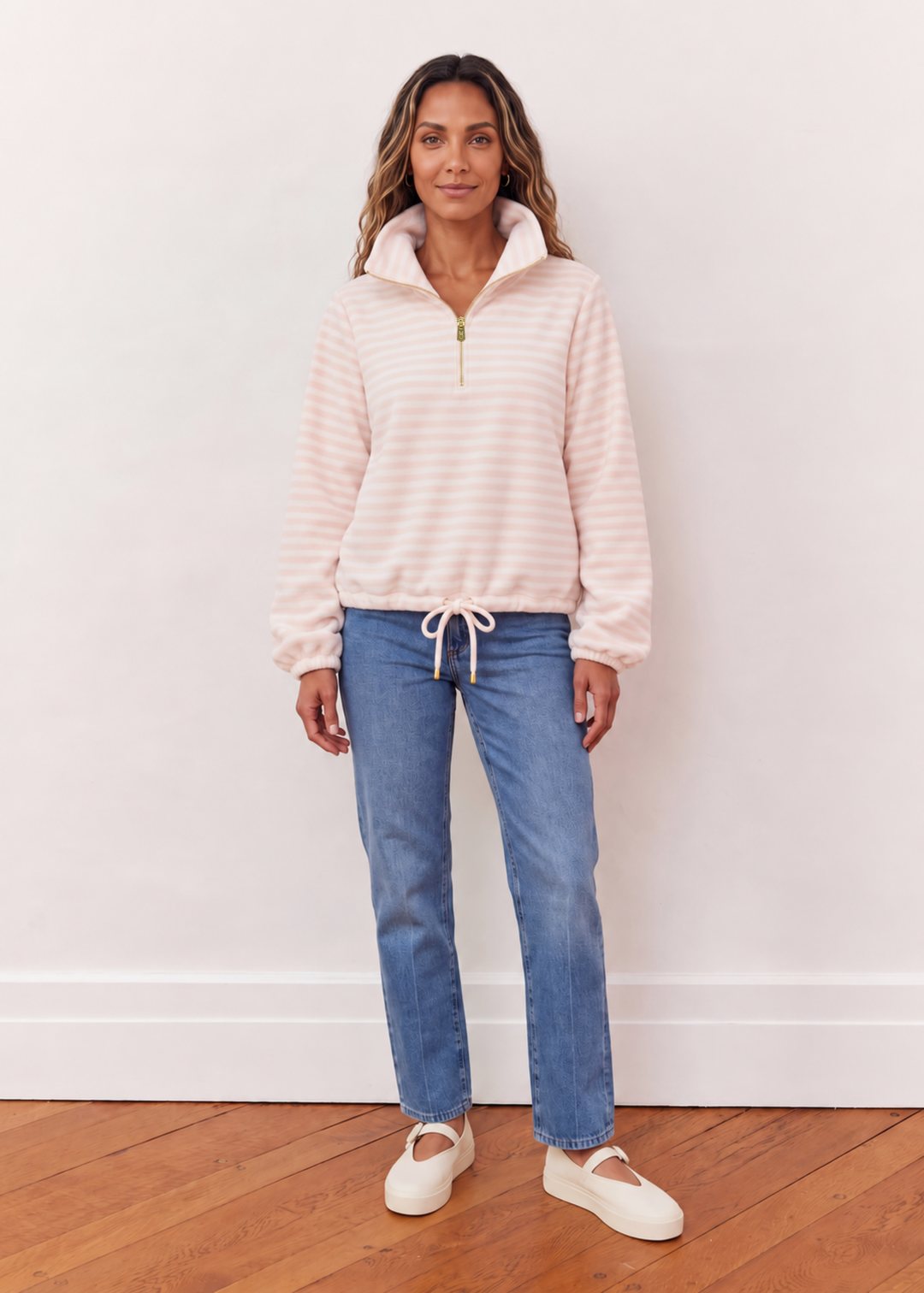 Boardwalk Pullover in Vello Fleece (Powder Blush/Cream Stripe)