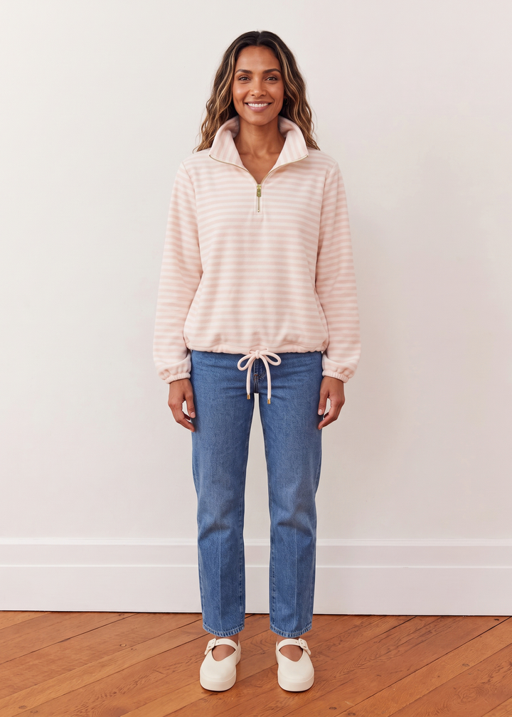 Boardwalk Pullover in Vello Fleece (Powder Blush/Cream Stripe)