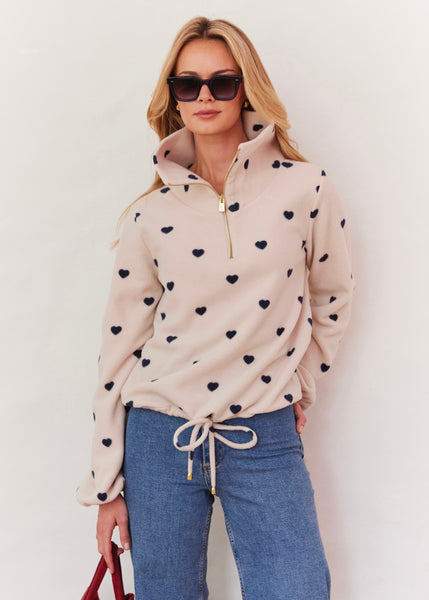 Boardwalk Pullover in Vello Fleece (Oatmeal/Navy Heart Print
