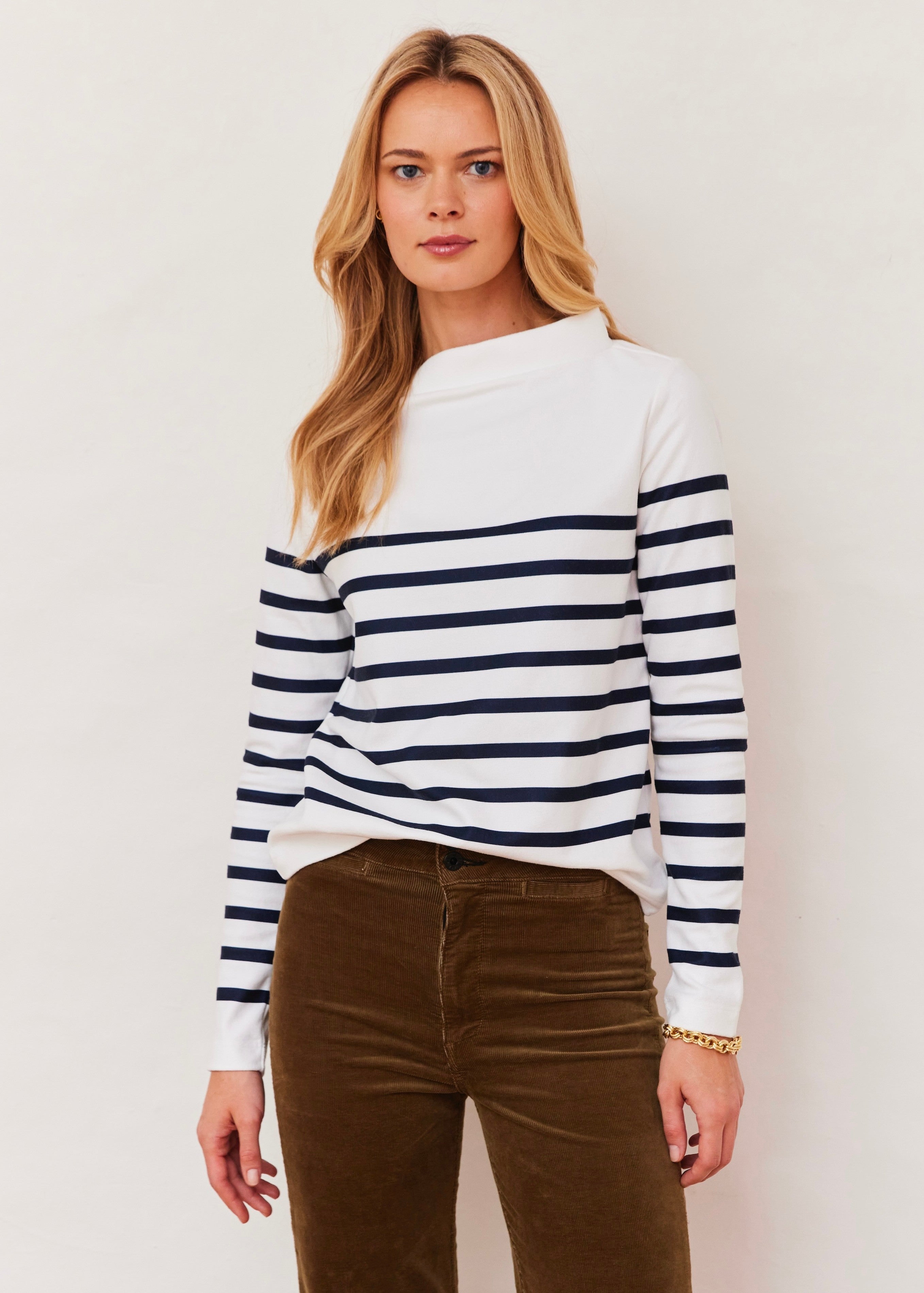 Brighton Boatneck in Terry Fleece (White/Navy Placed Stripe