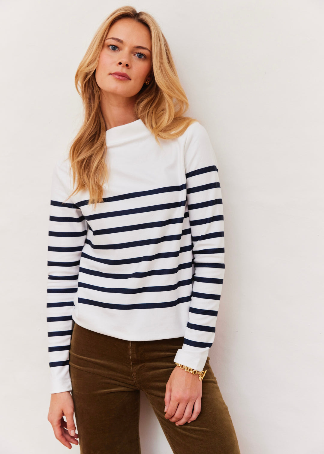 Brighton Boatneck in Terry Fleece (White/Navy Placed Stripe)