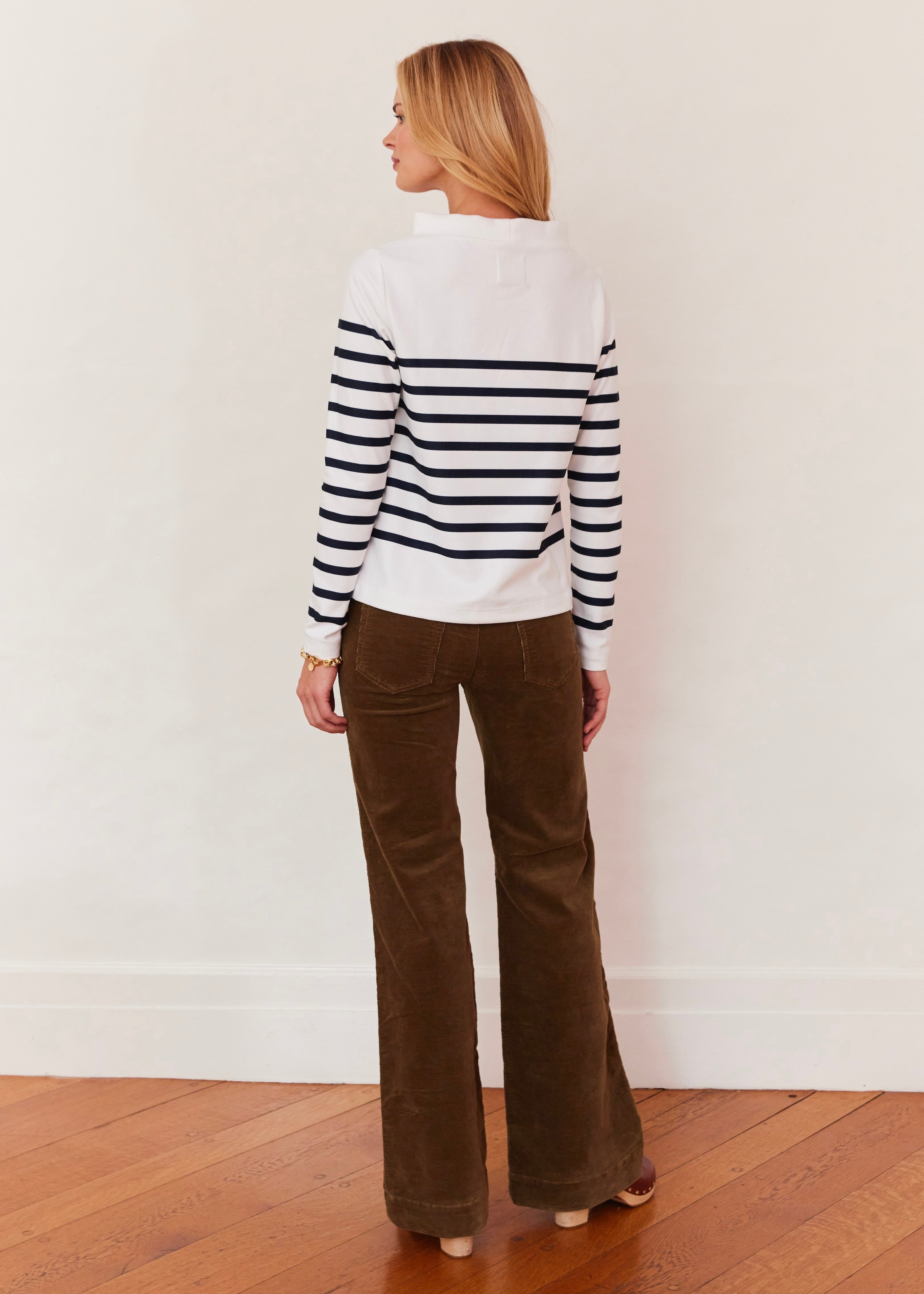 Brighton Boatneck in Terry Fleece (White/Navy Placed Stripe