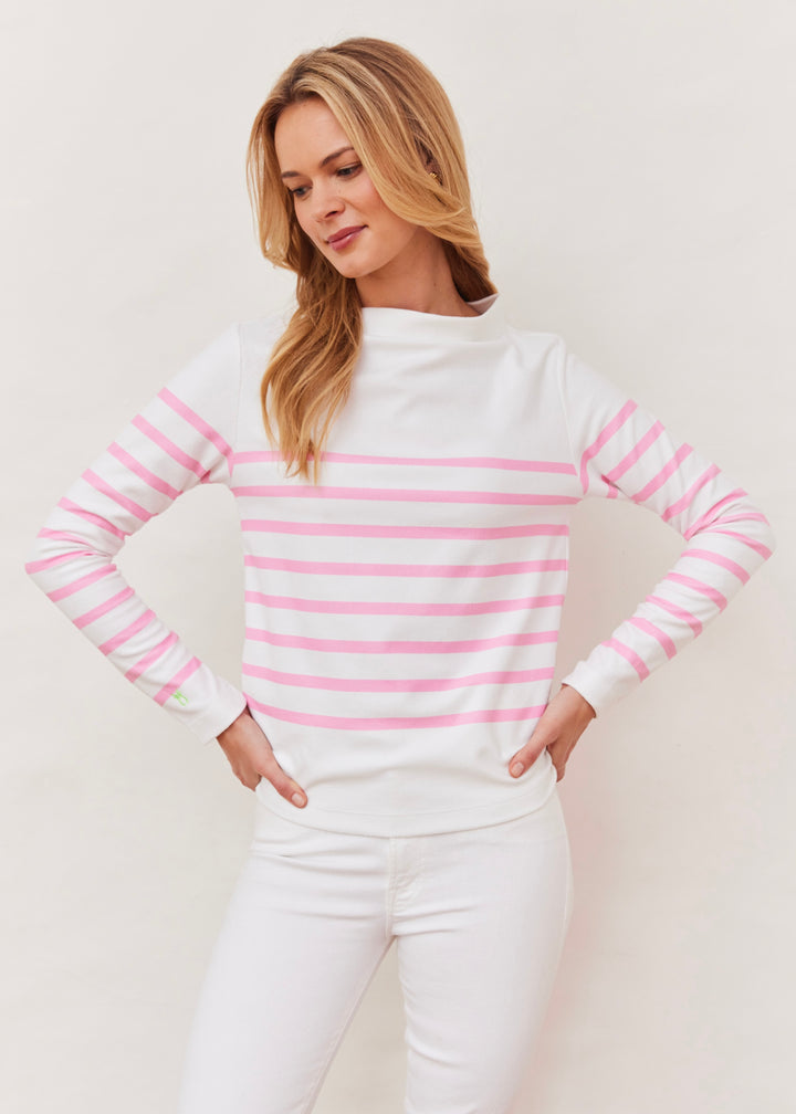 Brighton Boatneck in Terry Fleece (White/Prism Pink Placed Stripe)