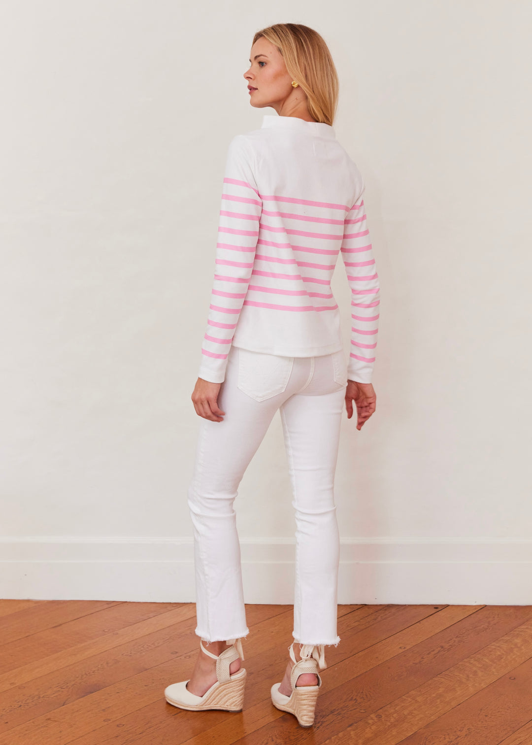 Brighton Boatneck in Terry Fleece (White/Prism Pink Placed Stripe)