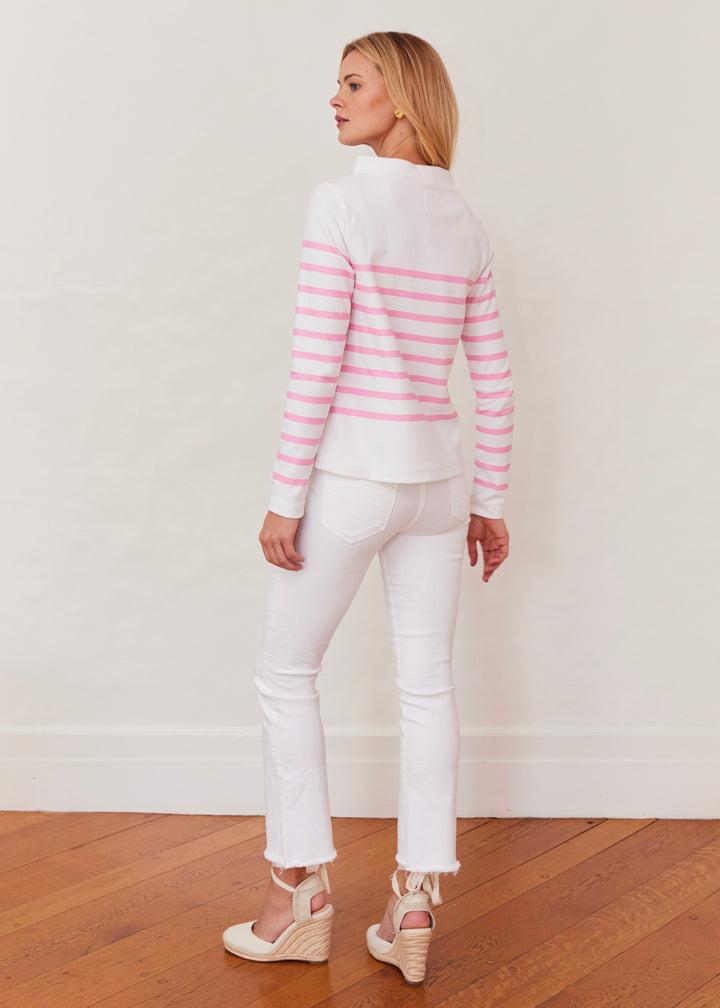 Brighton Boatneck in Terry Fleece (White/Prism Pink Placed Stripe)