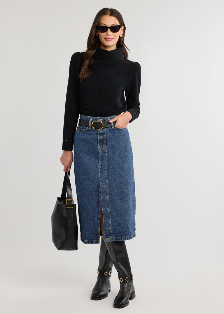 Camilla Puff Sleeve Turtleneck in Vello Fleece (Black)
