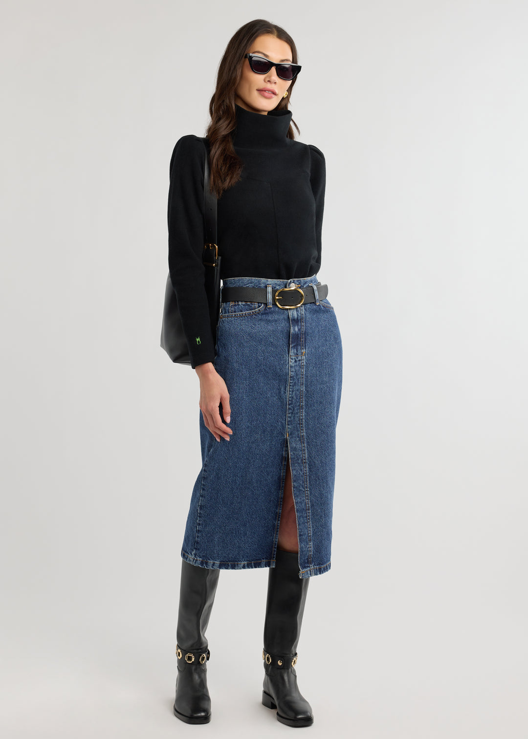 Camilla Puff Sleeve Turtleneck in Vello Fleece (Black)