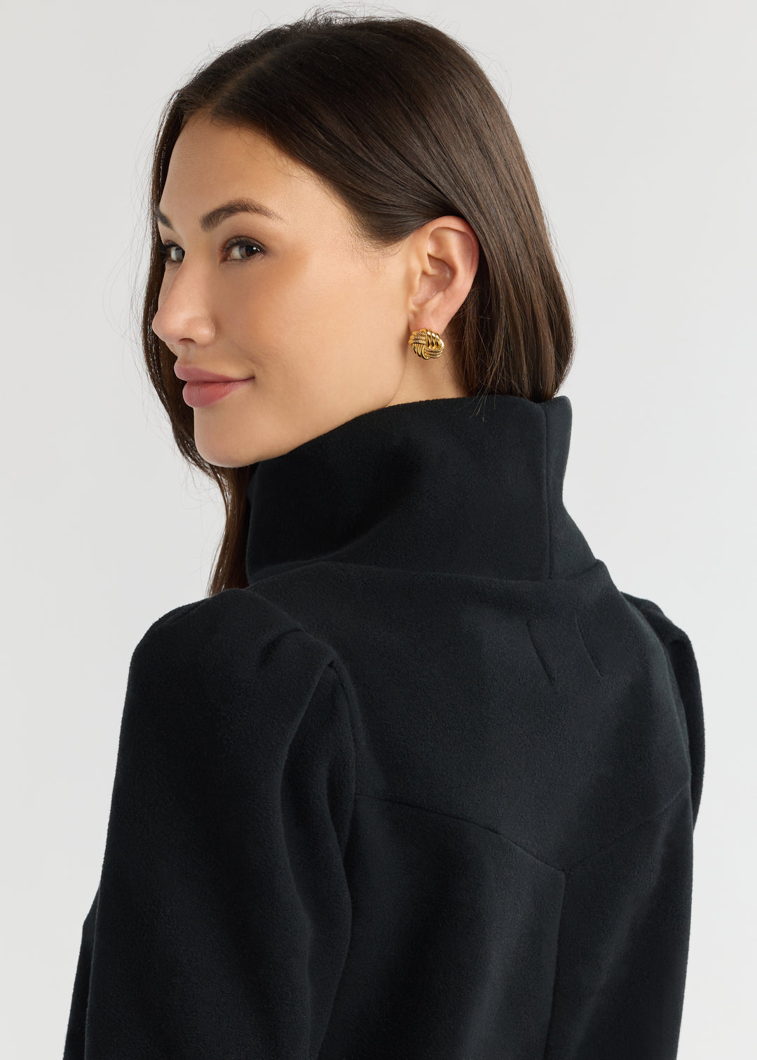 Camilla Puff Sleeve Turtleneck in Vello Fleece (Black)