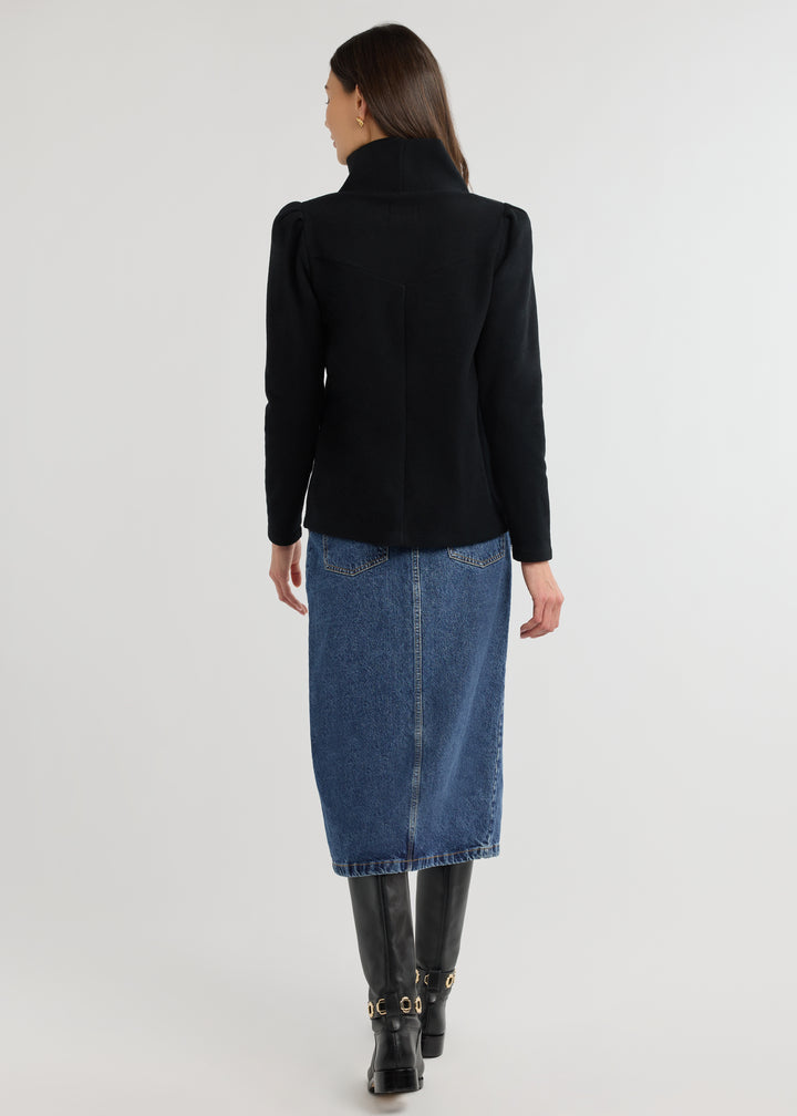 Camilla Puff Sleeve Turtleneck in Vello Fleece (Black)