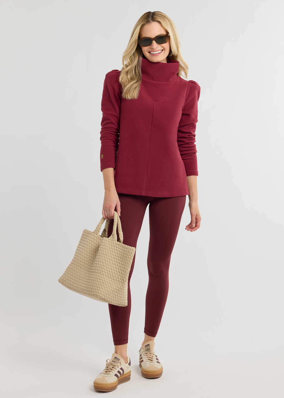 Camilla Puff Sleeve Turtleneck in Vello Fleece (Burgundy)