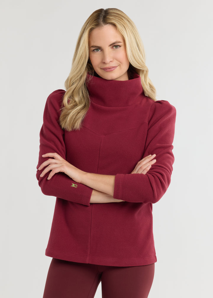 Camilla Puff Sleeve Turtleneck in Vello Fleece (Burgundy)