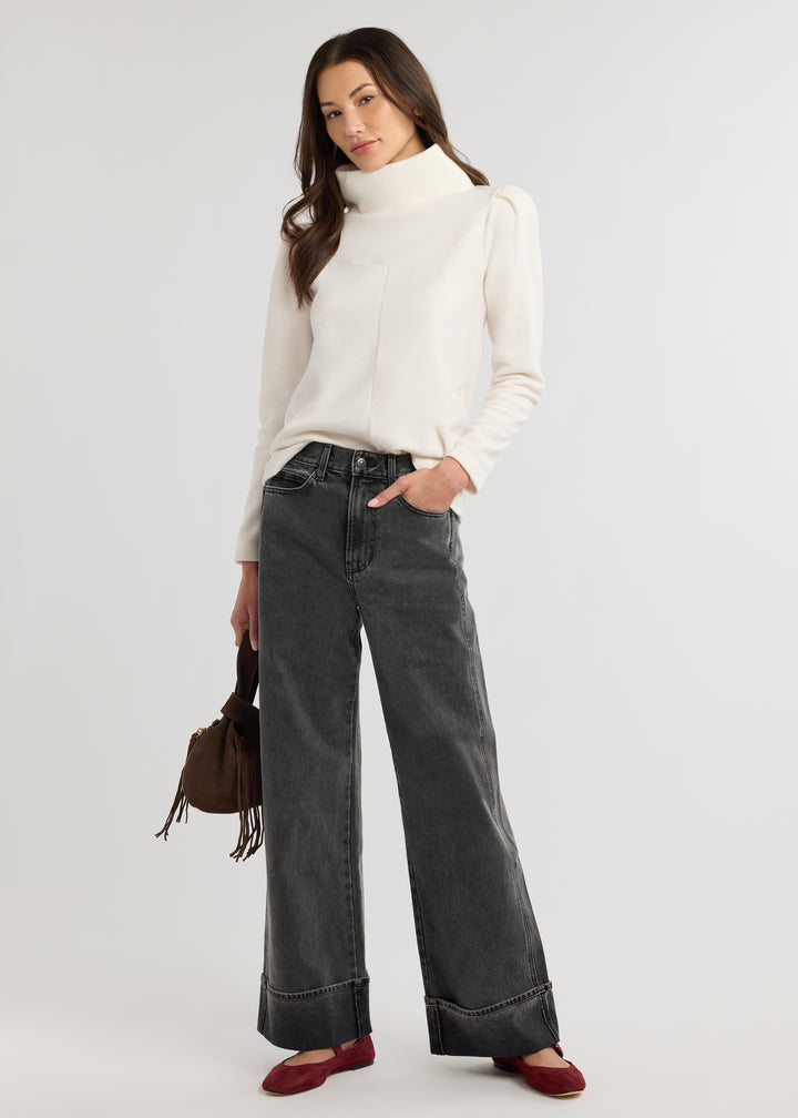 Camilla Puff Sleeve Turtleneck in Vello Fleece (Cream)