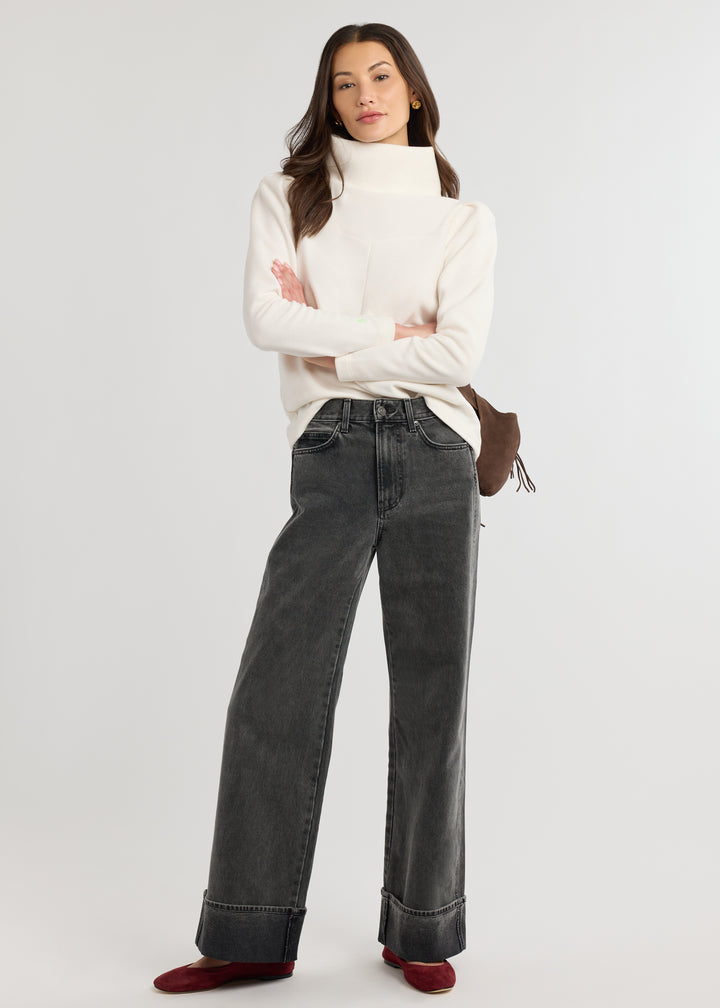 Camilla Puff Sleeve Turtleneck in Vello Fleece (Cream)