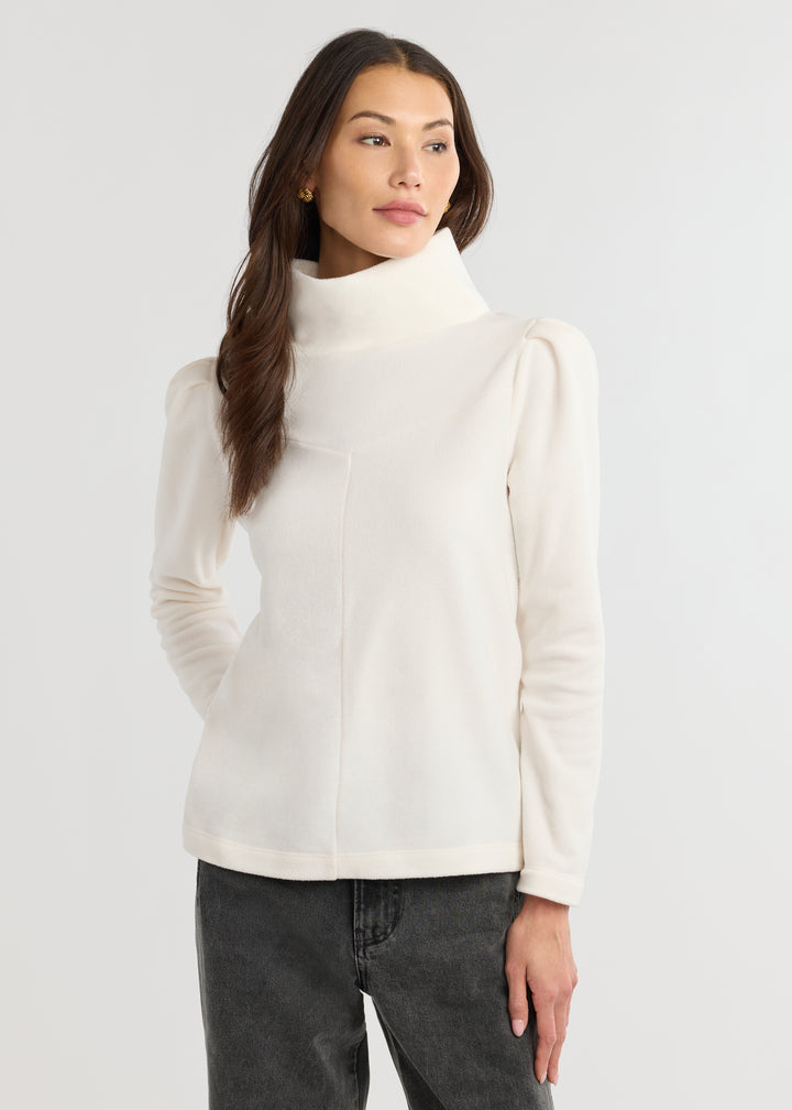 Camilla Puff Sleeve Turtleneck in Vello Fleece (Cream)