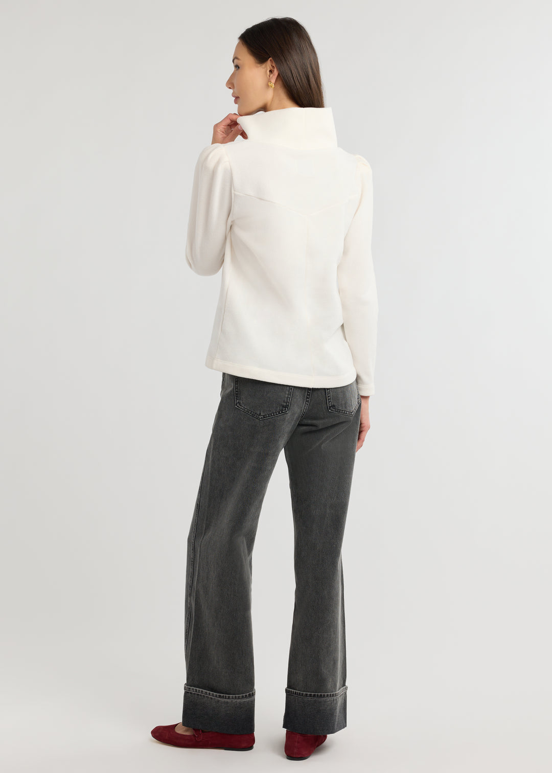 Camilla Puff Sleeve Turtleneck in Vello Fleece (Cream)