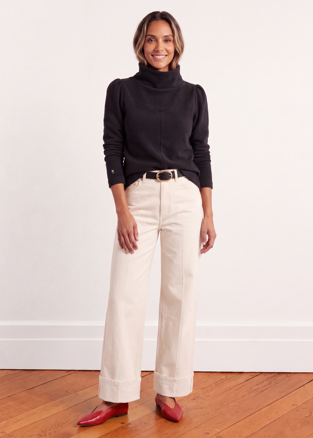 Camilla Puff Sleeve Turtleneck in Vello Fleece (Black)