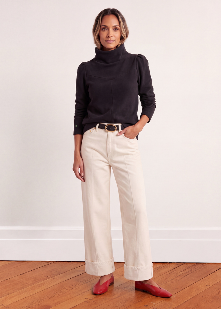 Camilla Puff Sleeve Turtleneck in Vello Fleece (Black)