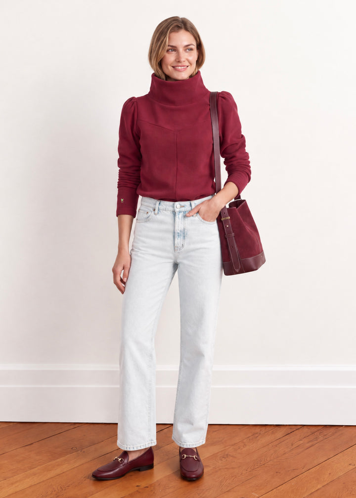 Camilla Puff Sleeve Turtleneck in Vello Fleece (Burgundy)