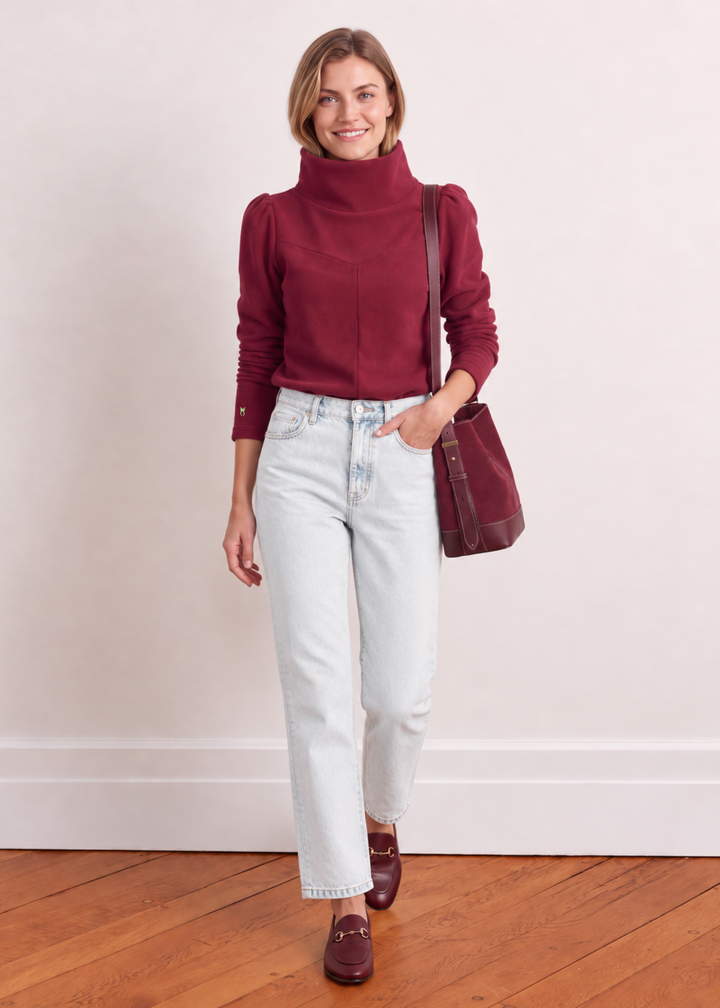 Camilla Puff Sleeve Turtleneck in Vello Fleece (Burgundy)