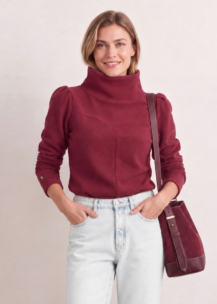 Camilla Puff Sleeve Turtleneck in Vello Fleece (Burgundy)