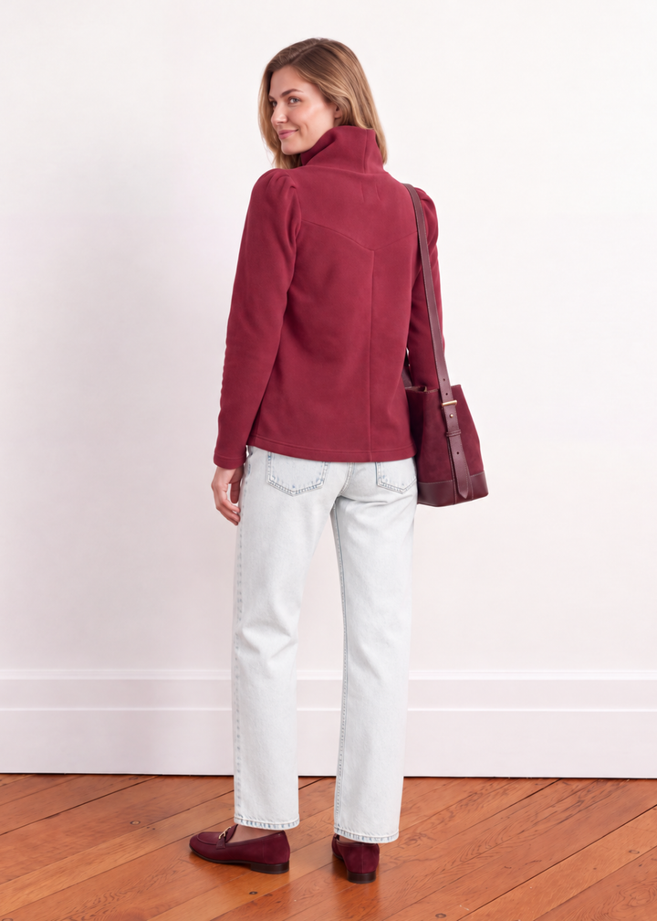 Camilla Puff Sleeve Turtleneck in Vello Fleece (Burgundy)