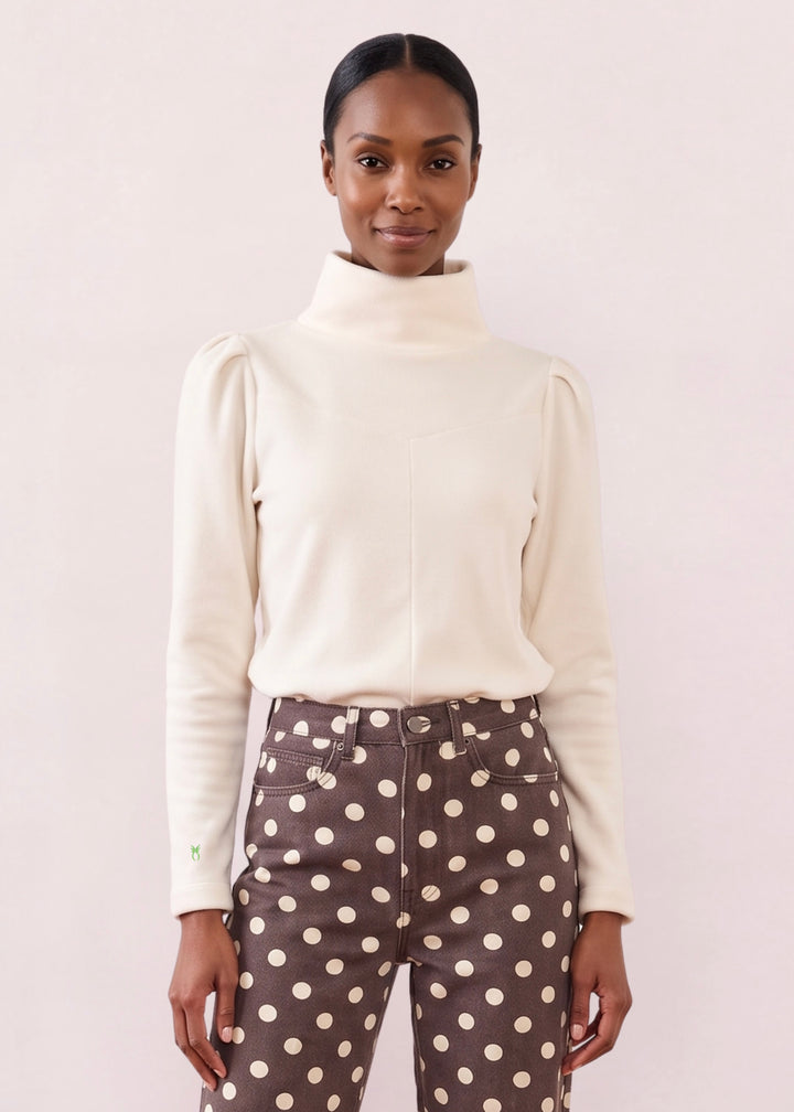 Camilla Puff Sleeve Turtleneck in Vello Fleece (Cream)