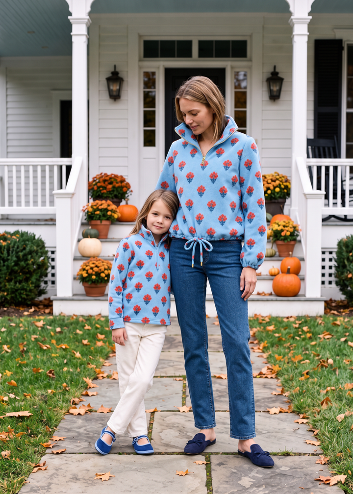 Kids Windabout Pullover in Vello Fleece (Cottage Floral - Blue)