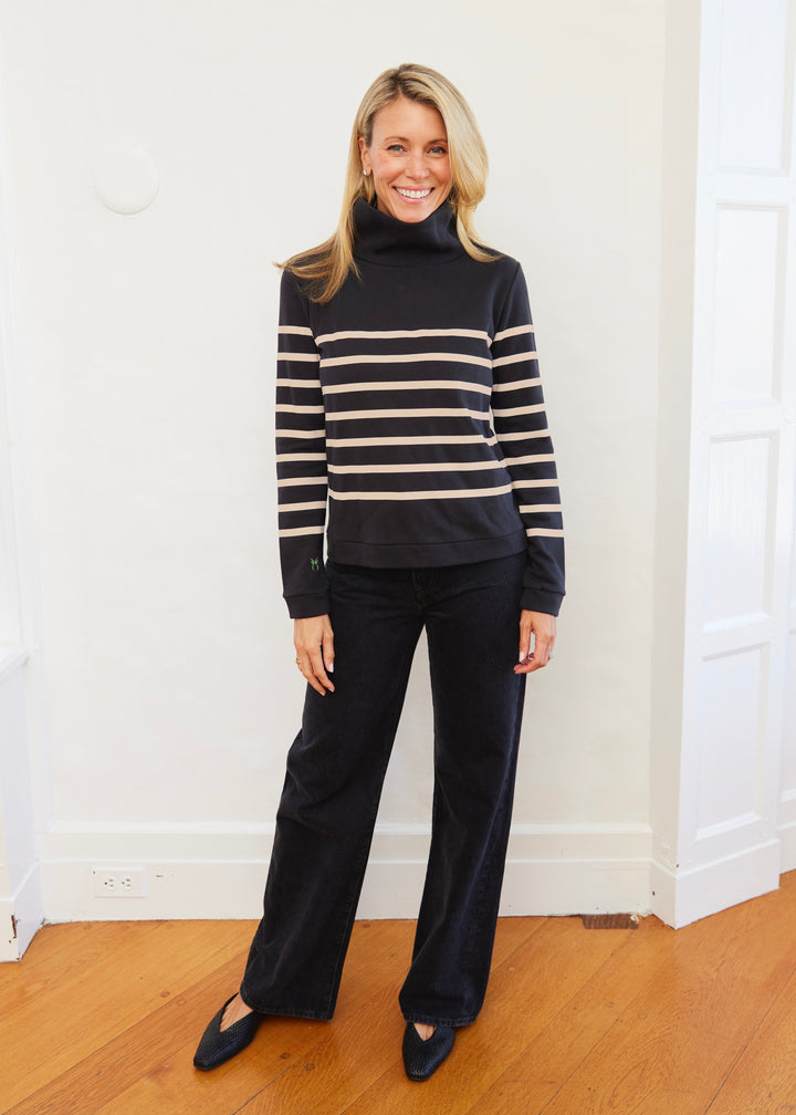 Park Slope Turtleneck in French Terry (Black/Camel Placed Stripe)
