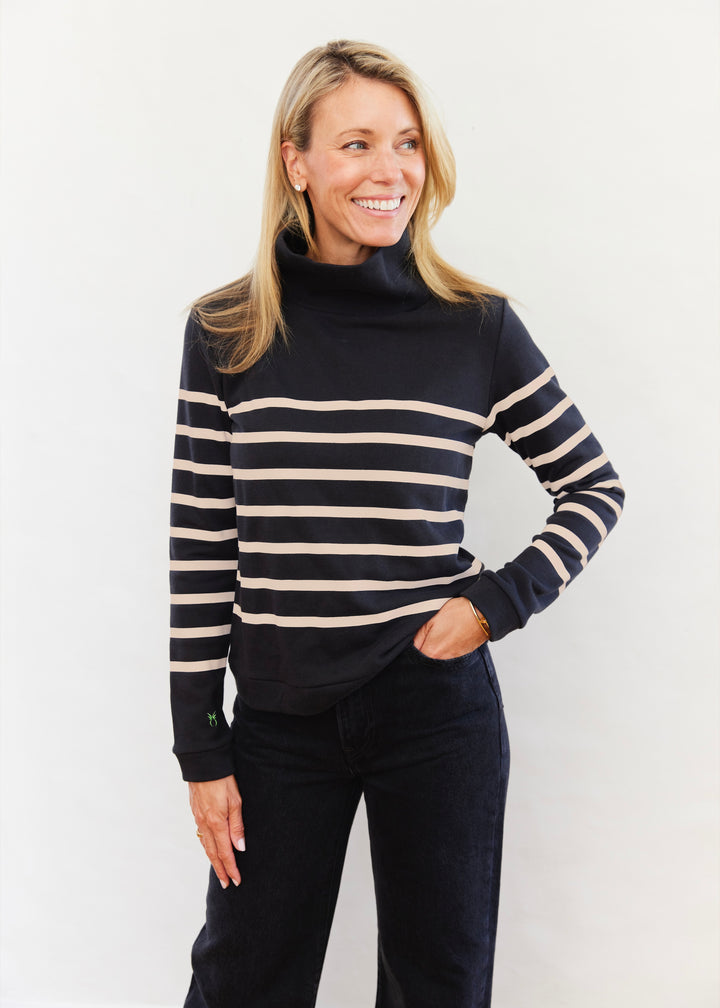 Park Slope Turtleneck in French Terry (Black/Camel Placed Stripe)