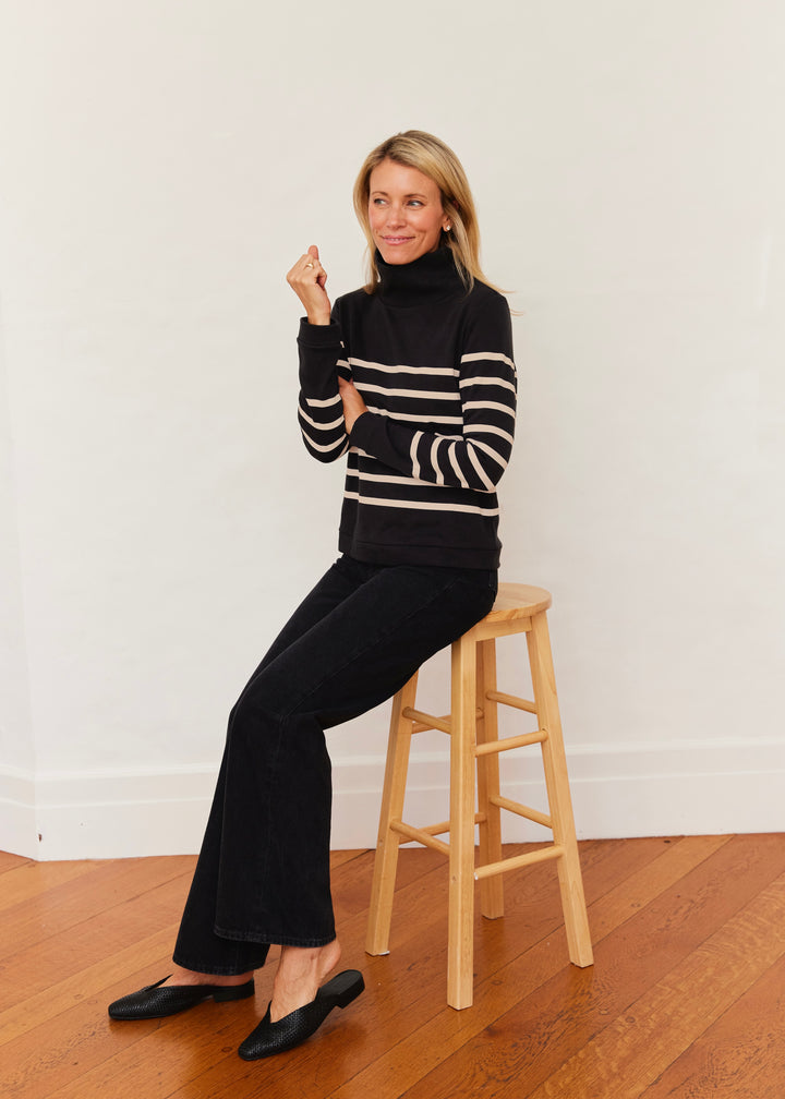 Park Slope Turtleneck in French Terry (Black/Camel Placed Stripe)