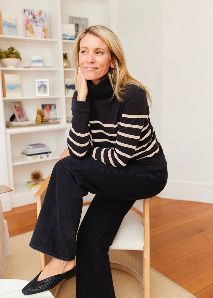 Park Slope Turtleneck in French Terry (Black/Camel Placed Stripe)