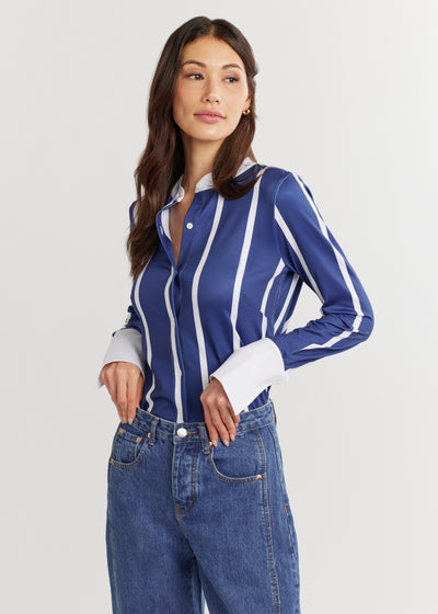 Edie Button Down in Luxe Stretch (True Blue Shirting Stripe)