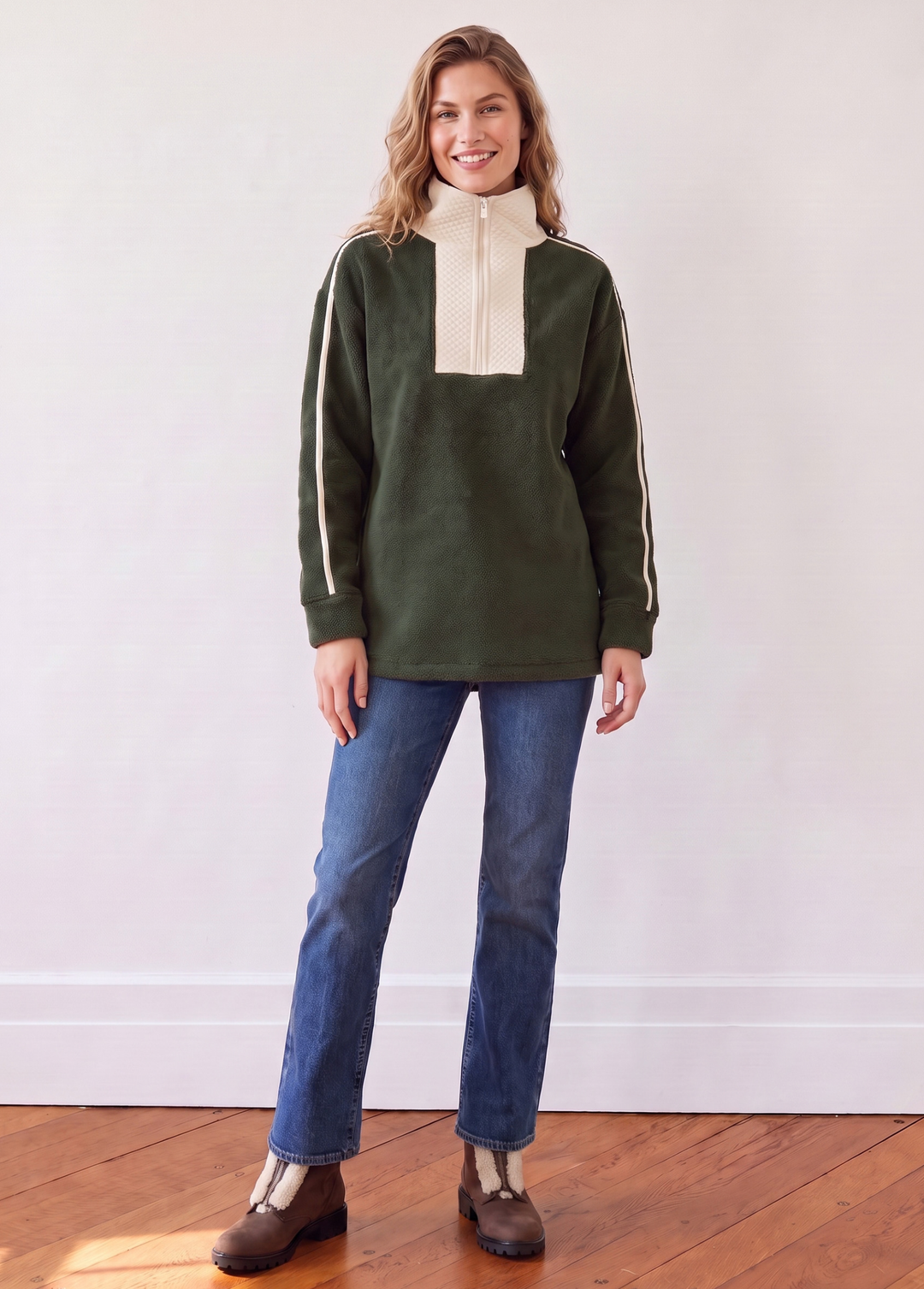 Emerson Pullover in Sherpa Fleece (Spruce/Cream)