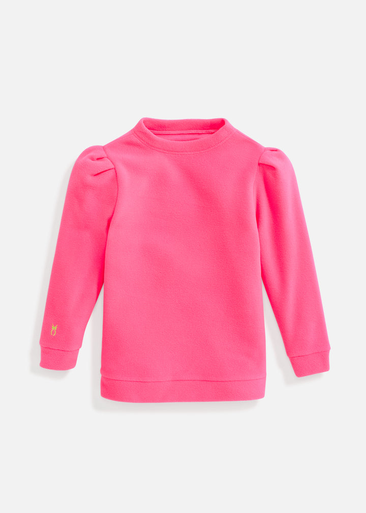 Girls Elle Puff Sleeve Crewneck in Vello Fleece (Neon Pink)