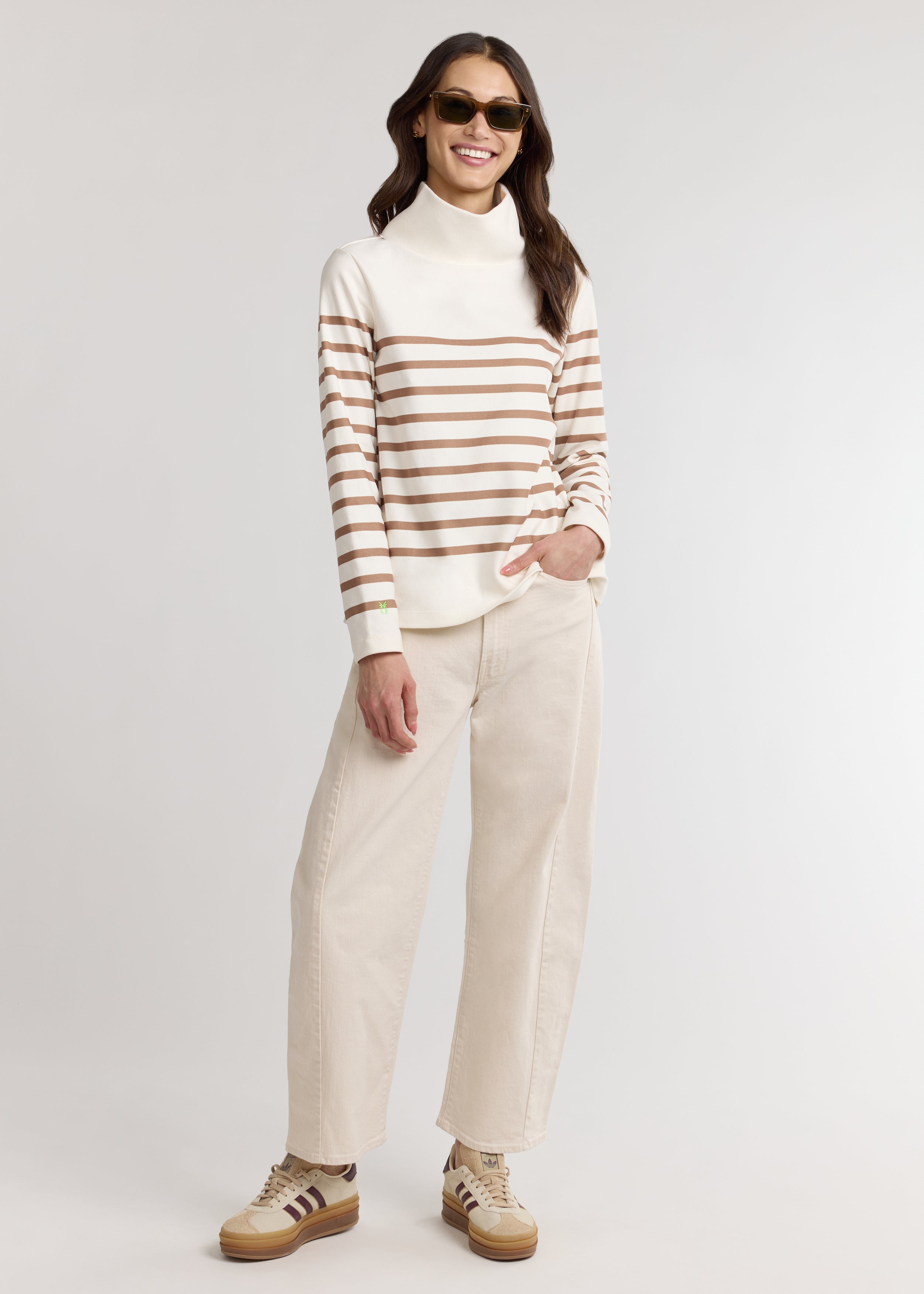 Greenpoint Turtleneck in Terry Fleece (Cream/Camel Placed Stripe
