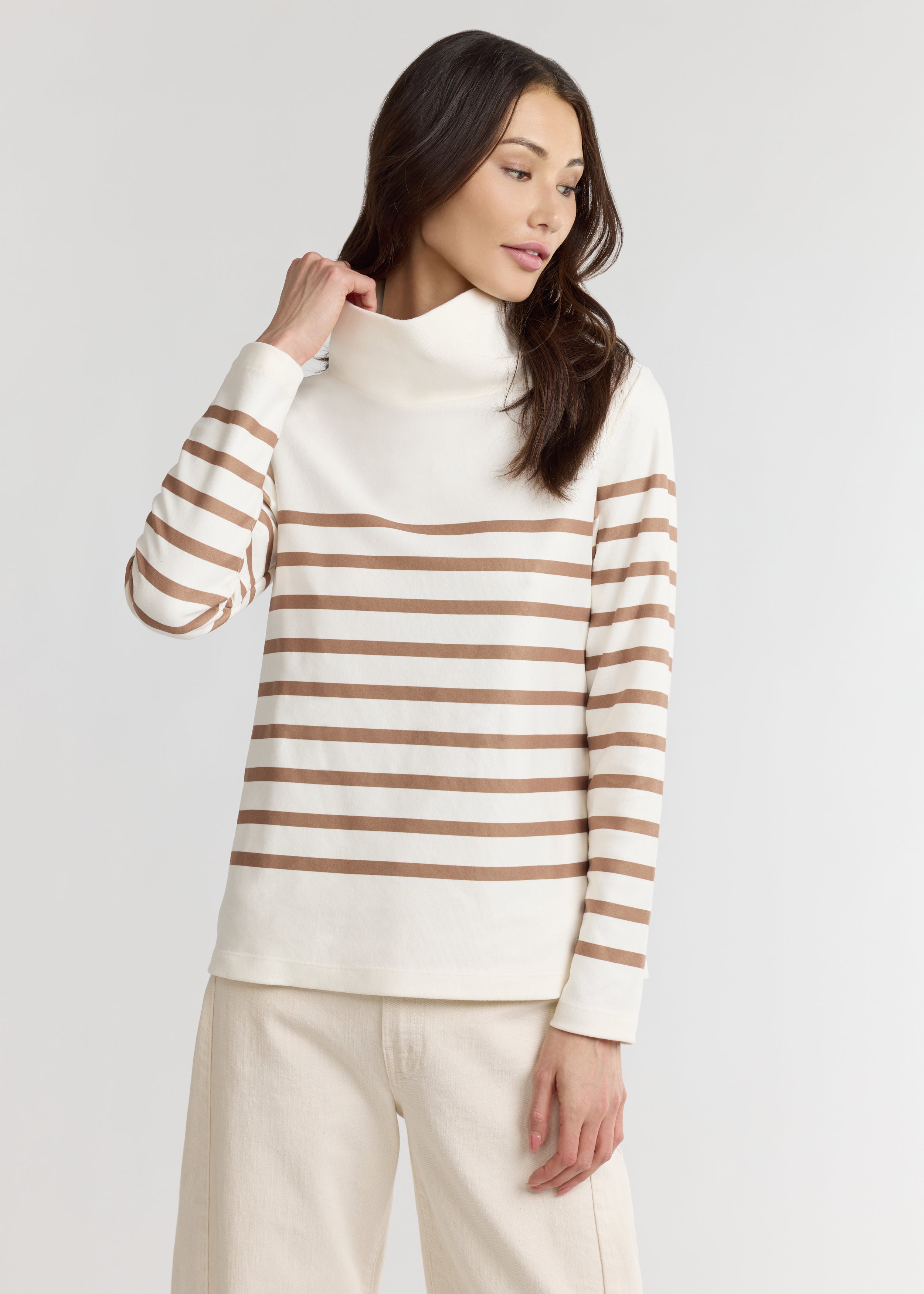 Greenpoint Turtleneck in Terry Fleece (Cream/Camel Placed Stripe