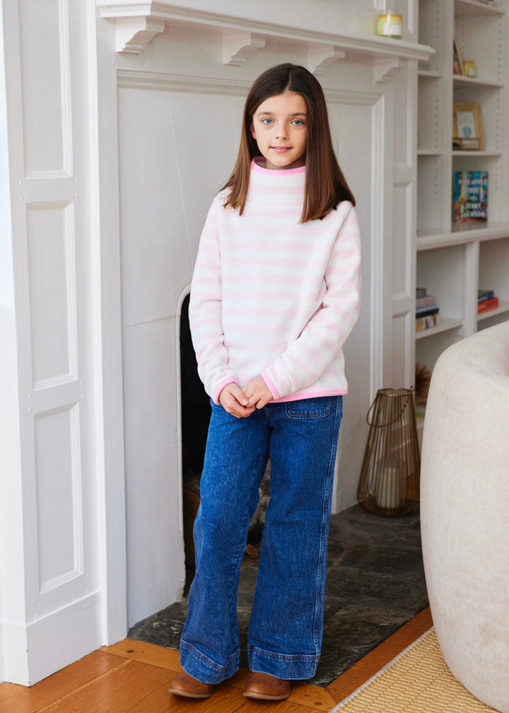 Girls Pippa Turtleneck with Tipping in Vello Fleece (Pink/White Stripe)