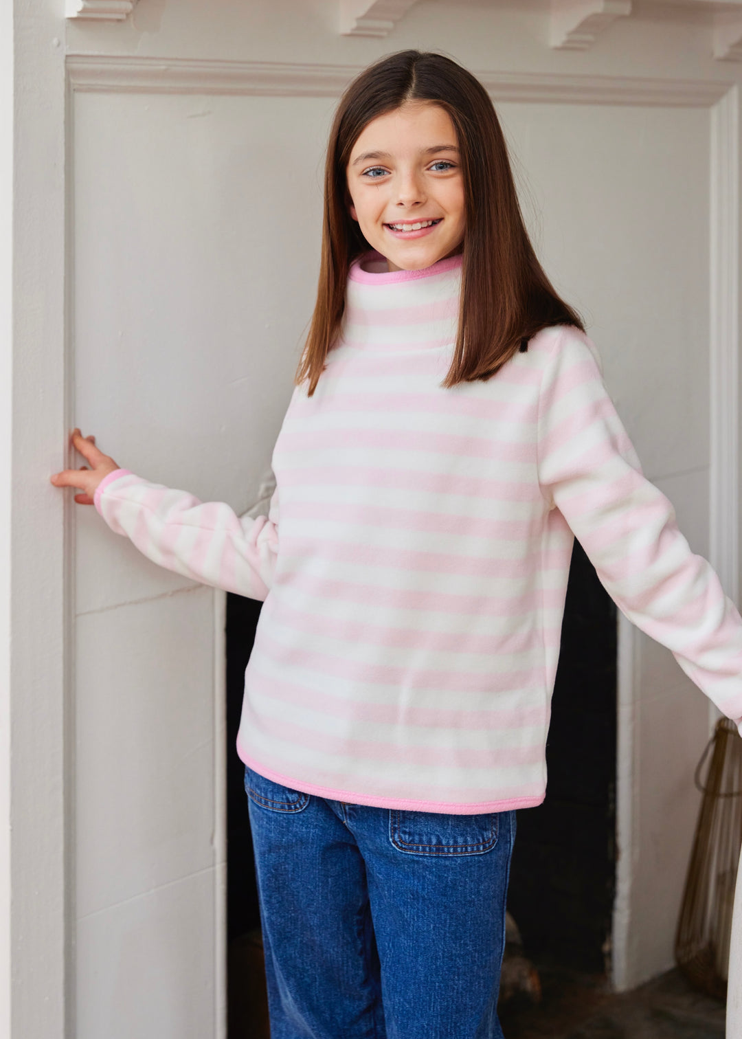 Girls Pippa Turtleneck with Tipping in Vello Fleece (Pink/White Stripe)