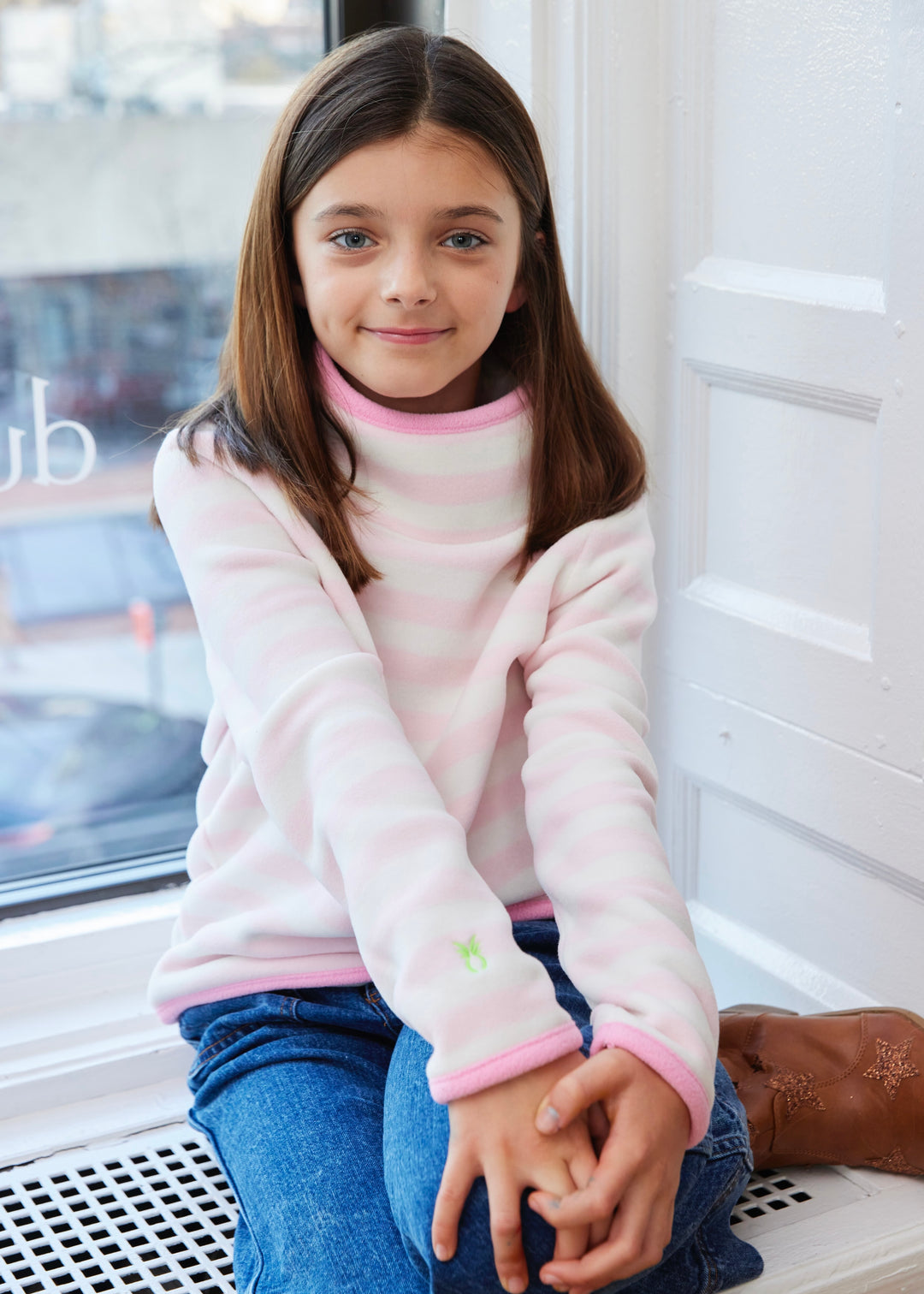 Girls Pippa Turtleneck with Tipping in Vello Fleece (Pink/White Stripe)