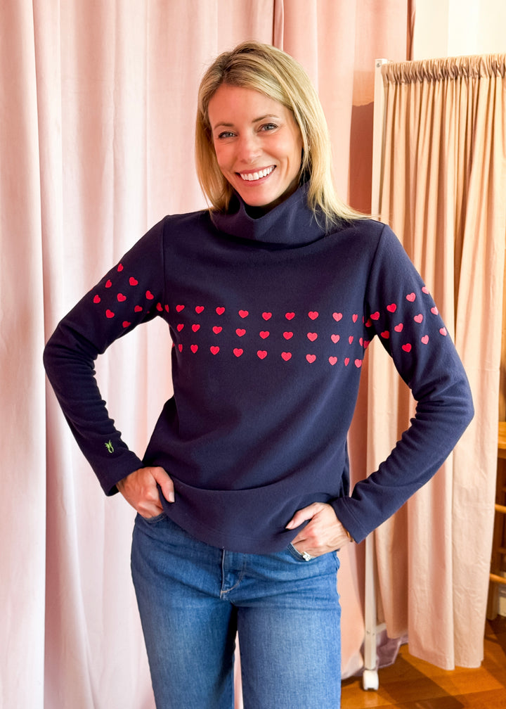 Greenpoint Turtleneck in Terry Fleece (Navy/Red Placed Heart)