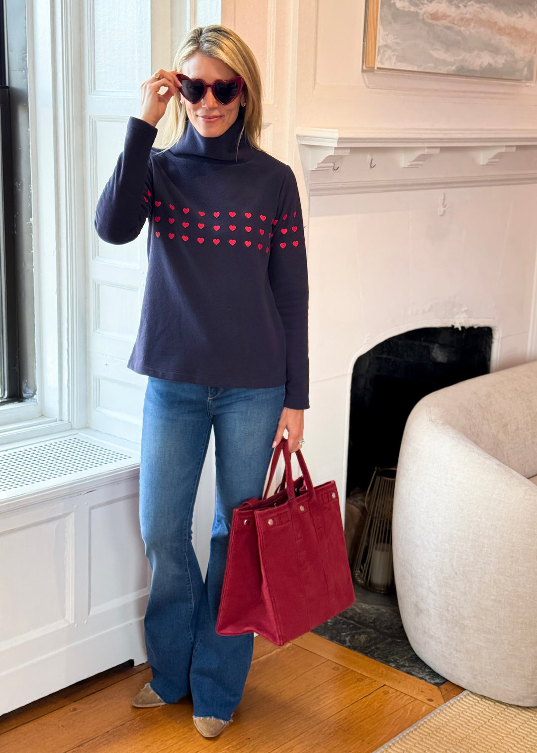 Greenpoint Turtleneck in Terry Fleece (Navy/Red Placed Heart)