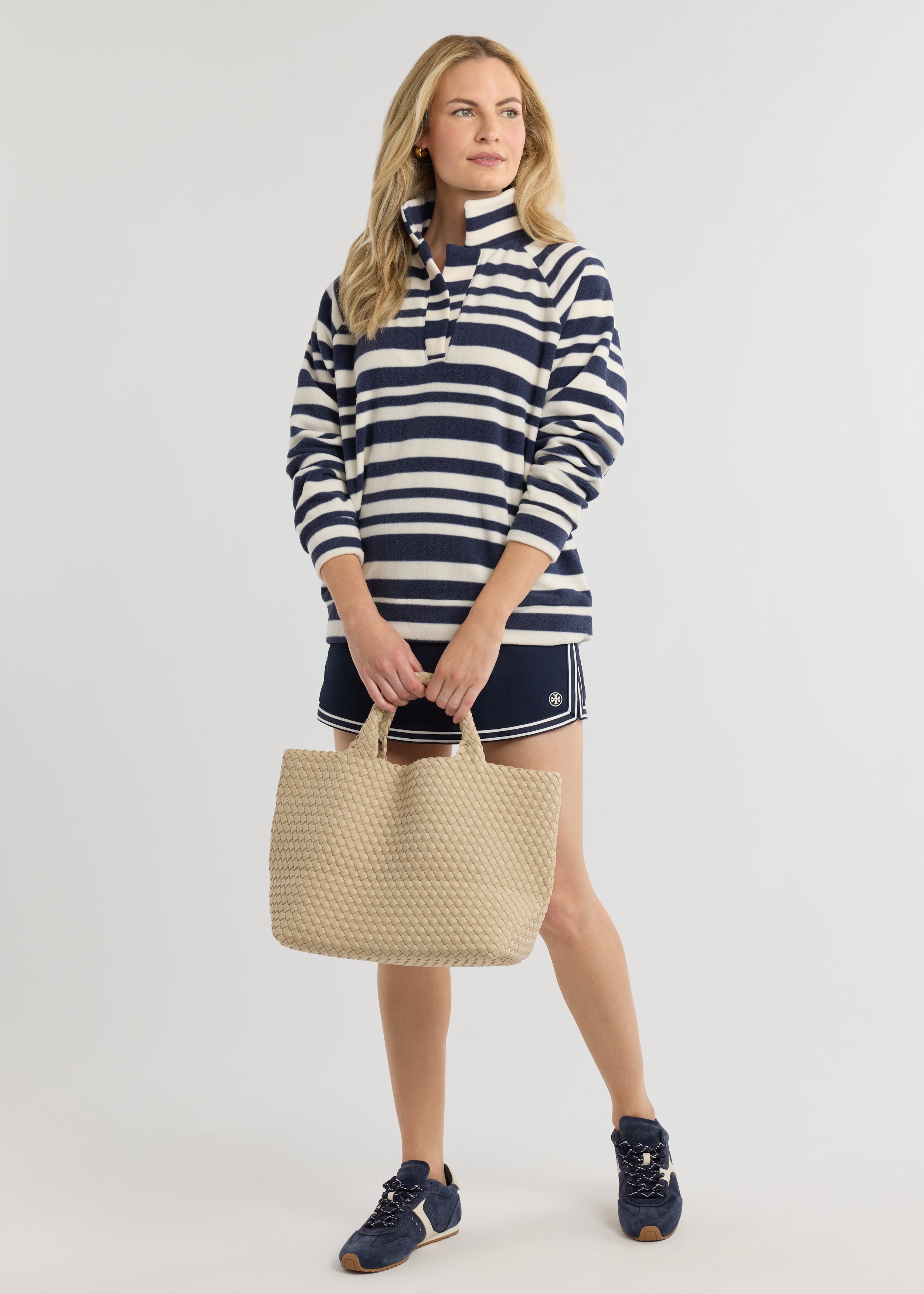 Ingrid Pullover in Vello Fleece (Navy/Cream Variegated Stripe